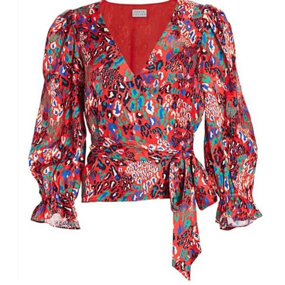 Tanya Taylor Kaylee Silk Red Wrap Blouse women's sz 6 Mixed Animal Print - Picture 3 of 11